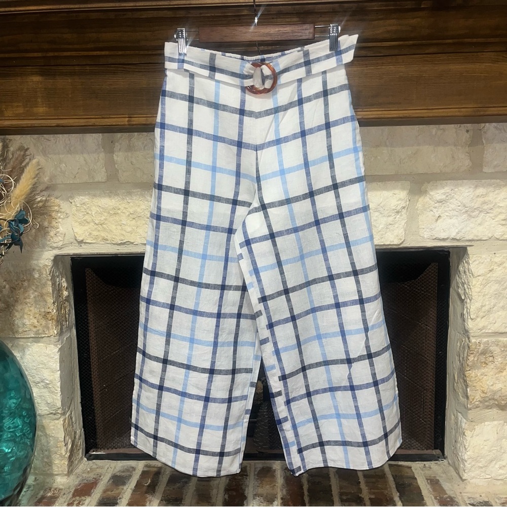 Red Carter Gingham Plaid Cropped Wide Split Leg Cotton Linen Pants Size S